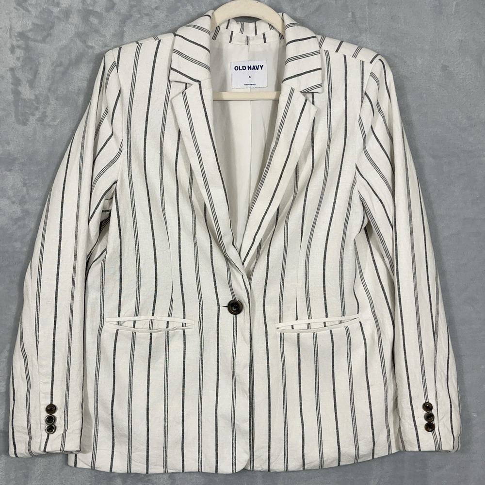 Old Navy Womens Black White‎ Striped Linen Blend Lined Blazer S Career Academia
